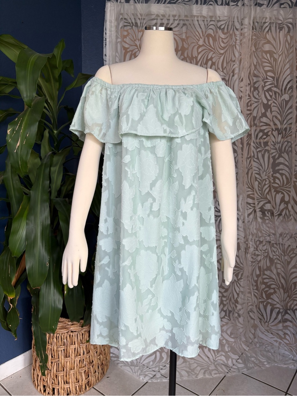 Plus SirenLily Strapless Off the Shoulder Dress Teal Aqua Coastal Lace Sundress